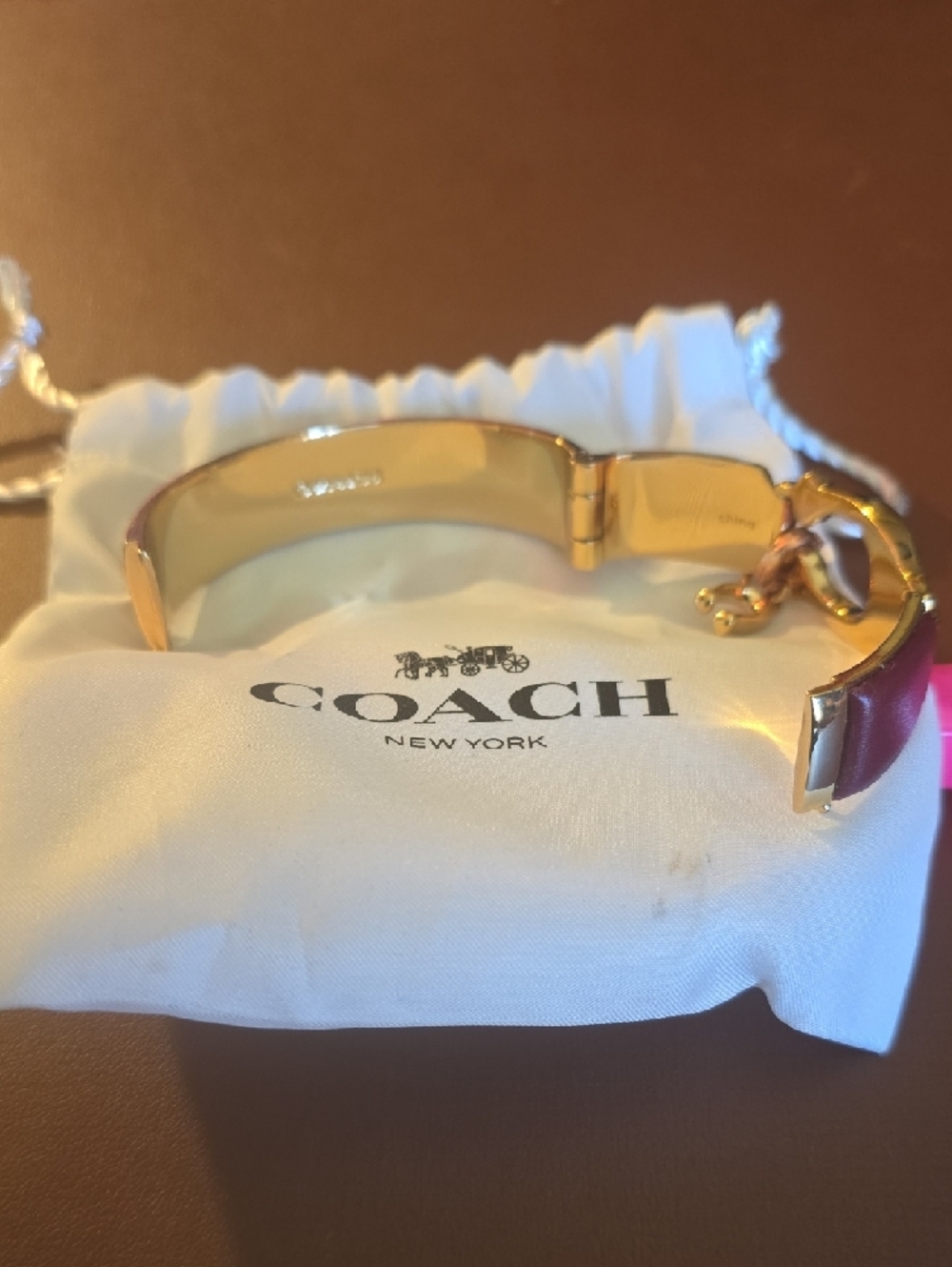 Coach Gold-Tone and Maroon Leather Horsebit Charm Bracelet - Picture 3 of 5